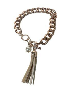 Rose Gold Tone Chain Bracelet Tassel & Pearl Accent Toggle Clasp 8" Elegant